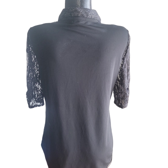 Champagne Black Lace Cropped Sleeve Top Size M - Picture 6 of 7